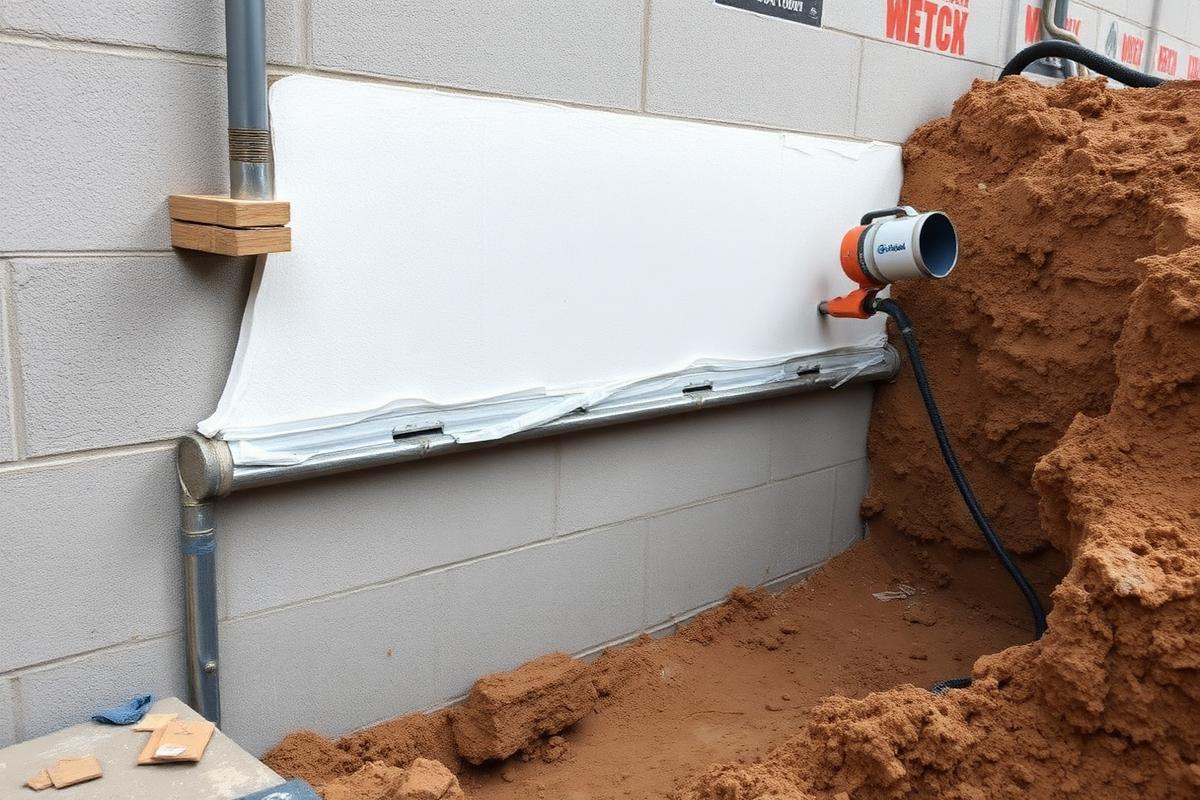 Closed cell foam applied to a concrete basement foundation wall
